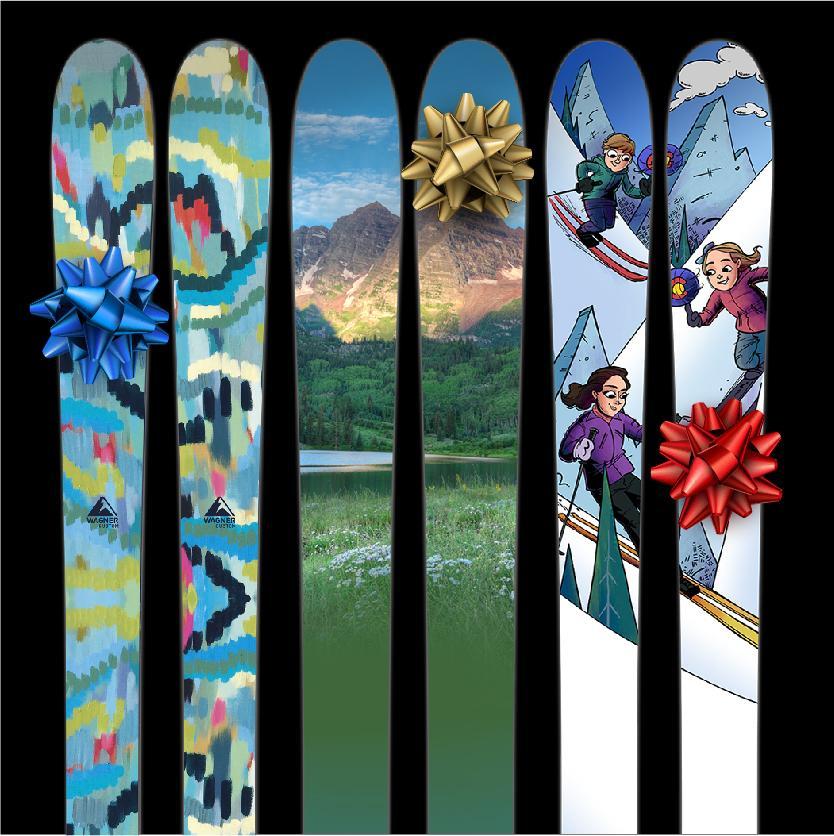 Wagner Custom skis with bows to give as gifts. One artist series ski, one mountain photograph ski, and one illustrated ski