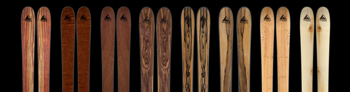 A selection of Wagner Custom Skis real wood veneer topsheets.