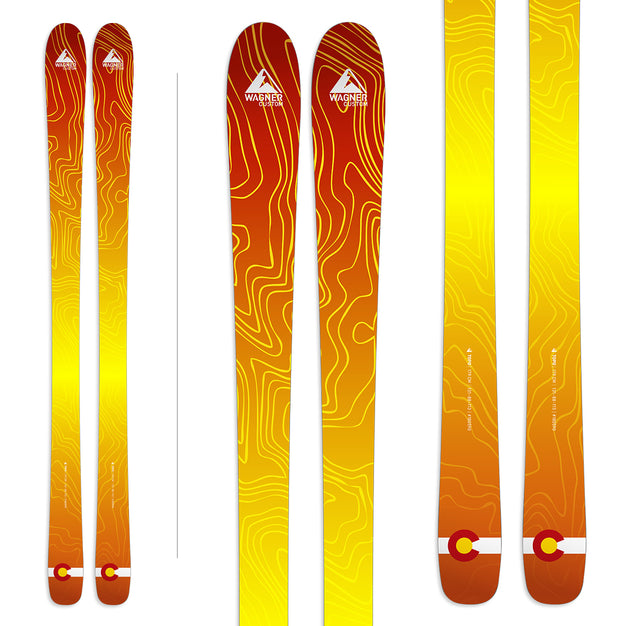 Wagner Custom Skis "Topo" graphic. An abastract topographic map on orange/yellow.
