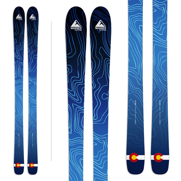 Wagner Custom Skis "Topo" graphic. An abastract topographic map on blue.